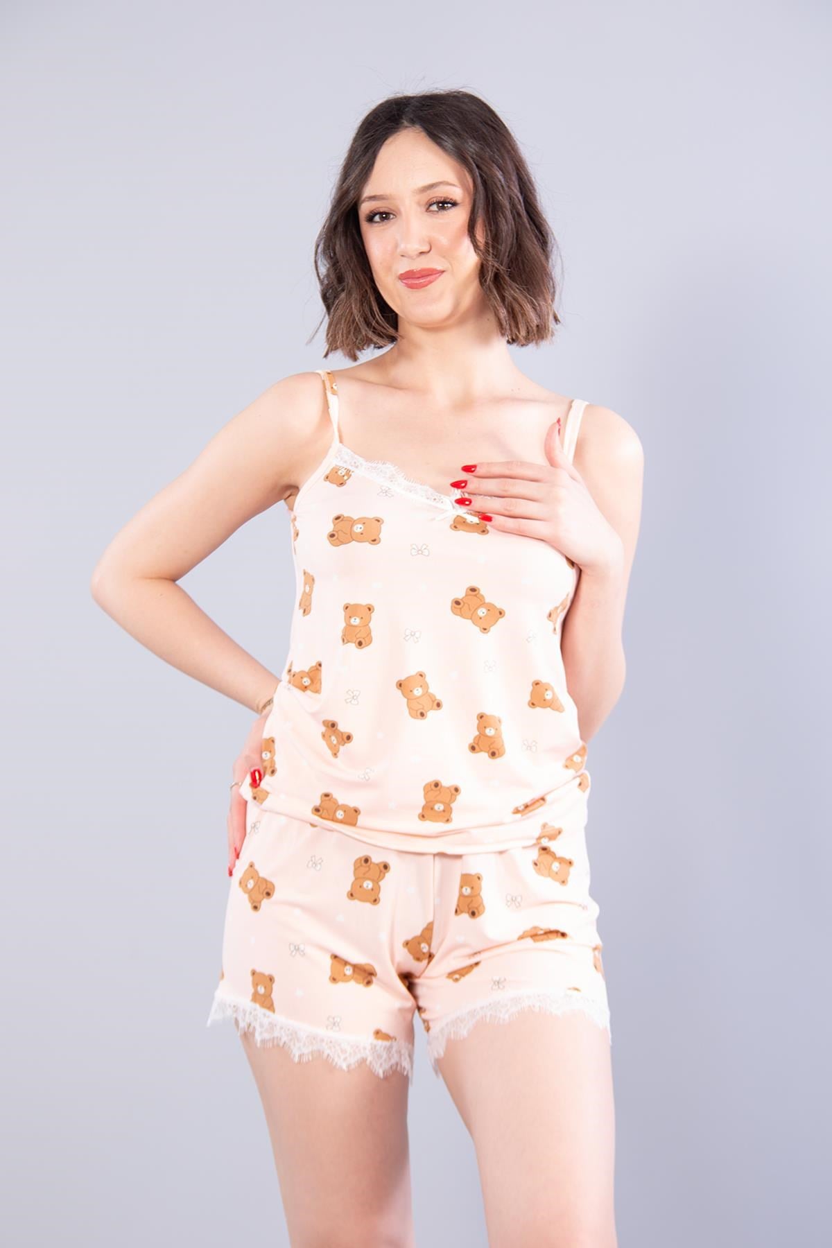 14065 Milan İp Askılı Şortlu Ayıcık Baskılı Pijama Takımı