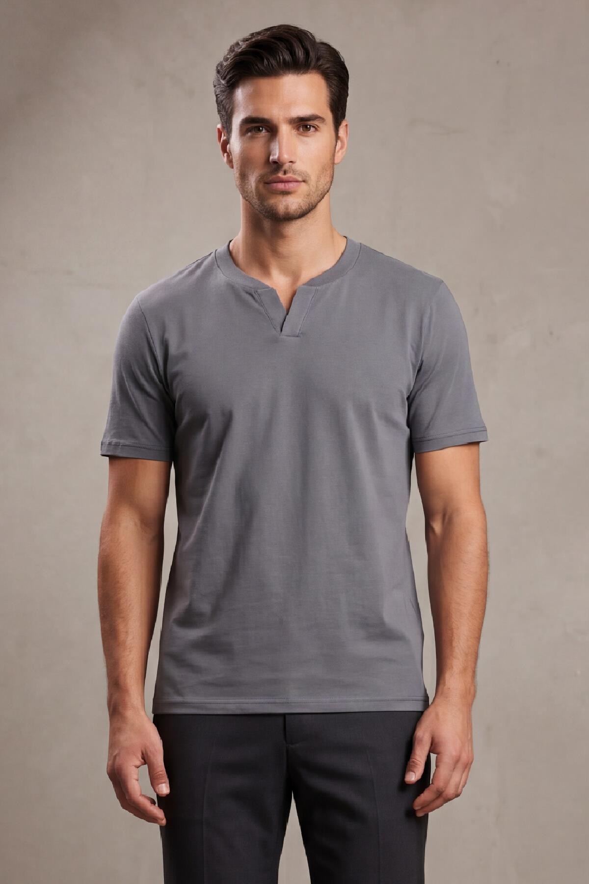 2122  Hakim Yaka  Modern Fit %100 Pamuk Basic T-shirt