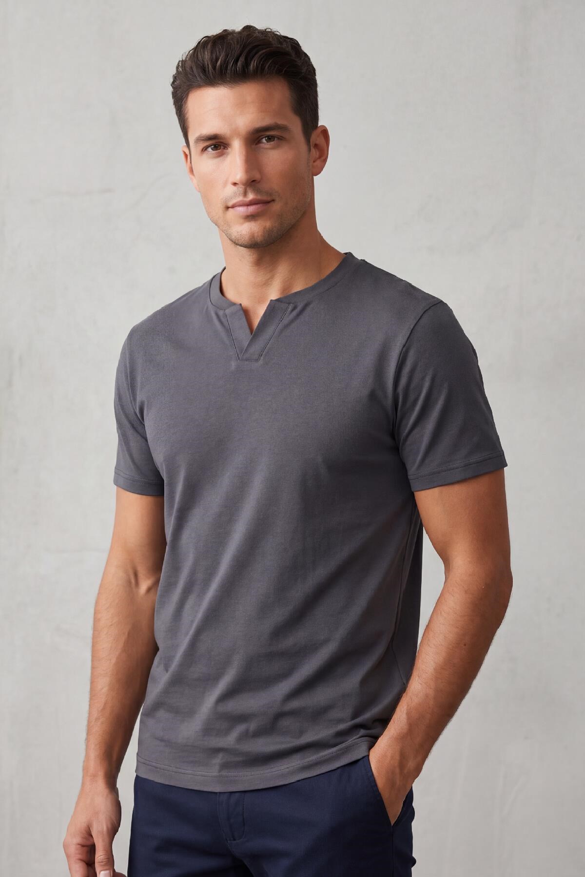 2122  Hakim Yaka  Modern Fit %100 Pamuk Basic T-shirt