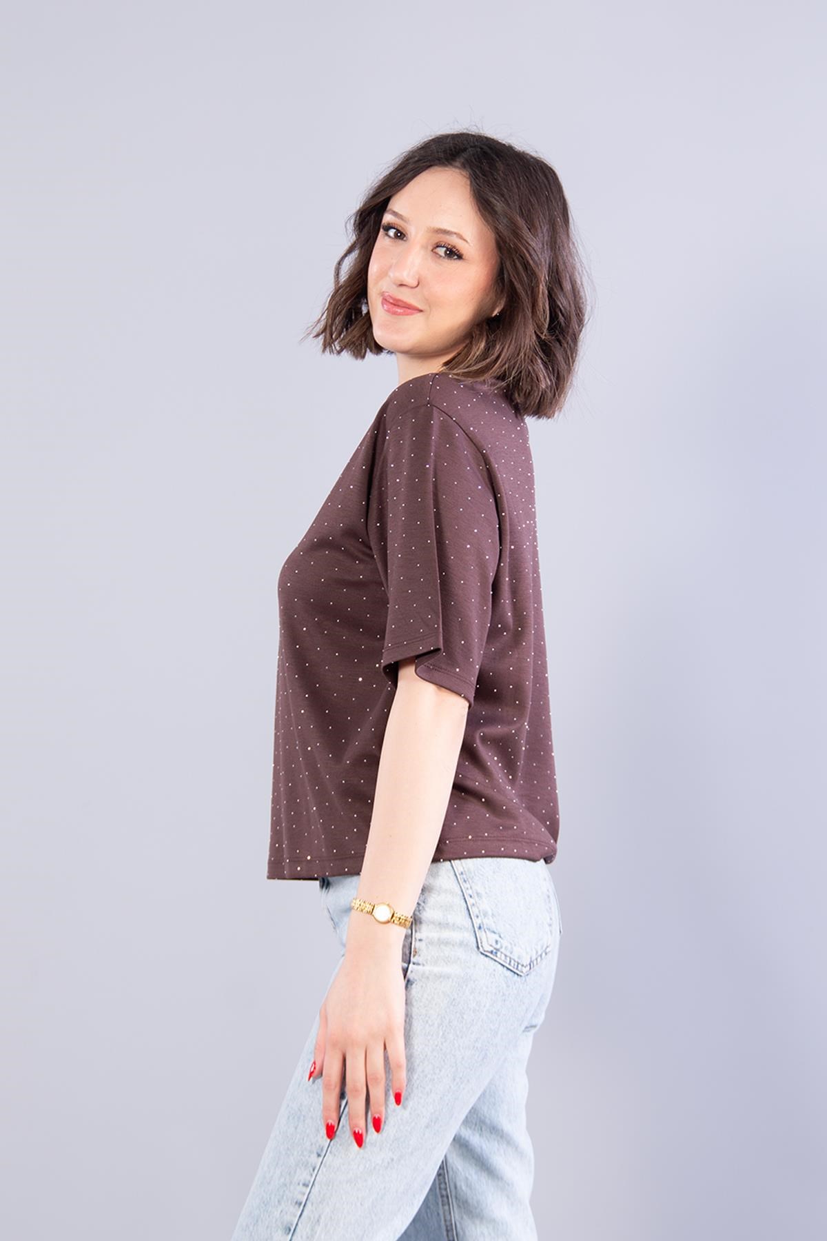 26768 Taşlı Modal Kumaş T-shirt