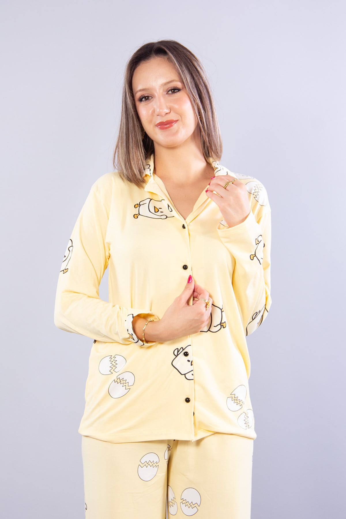27017 Milan Soft Gömlek Yaka Yumurta Desen Pijama Takımı
