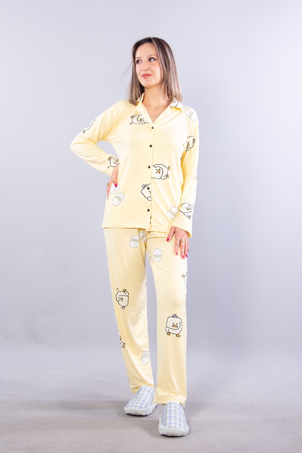 27017 Milan Soft Gömlek Yaka Yumurta Desen Pijama Takımı