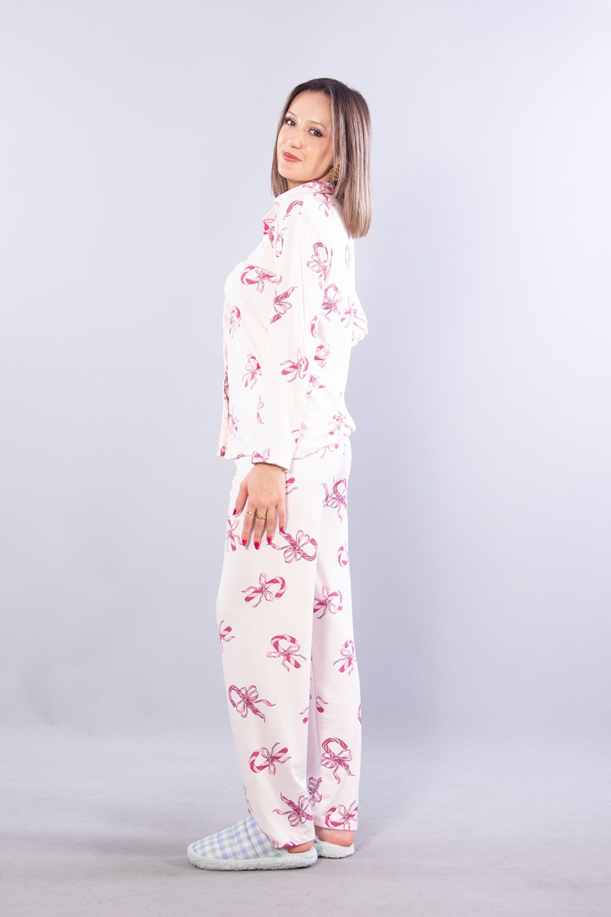 27022 Milan Soft Gömlek Yaka Şeker Kamış Desen Pijama Takımı