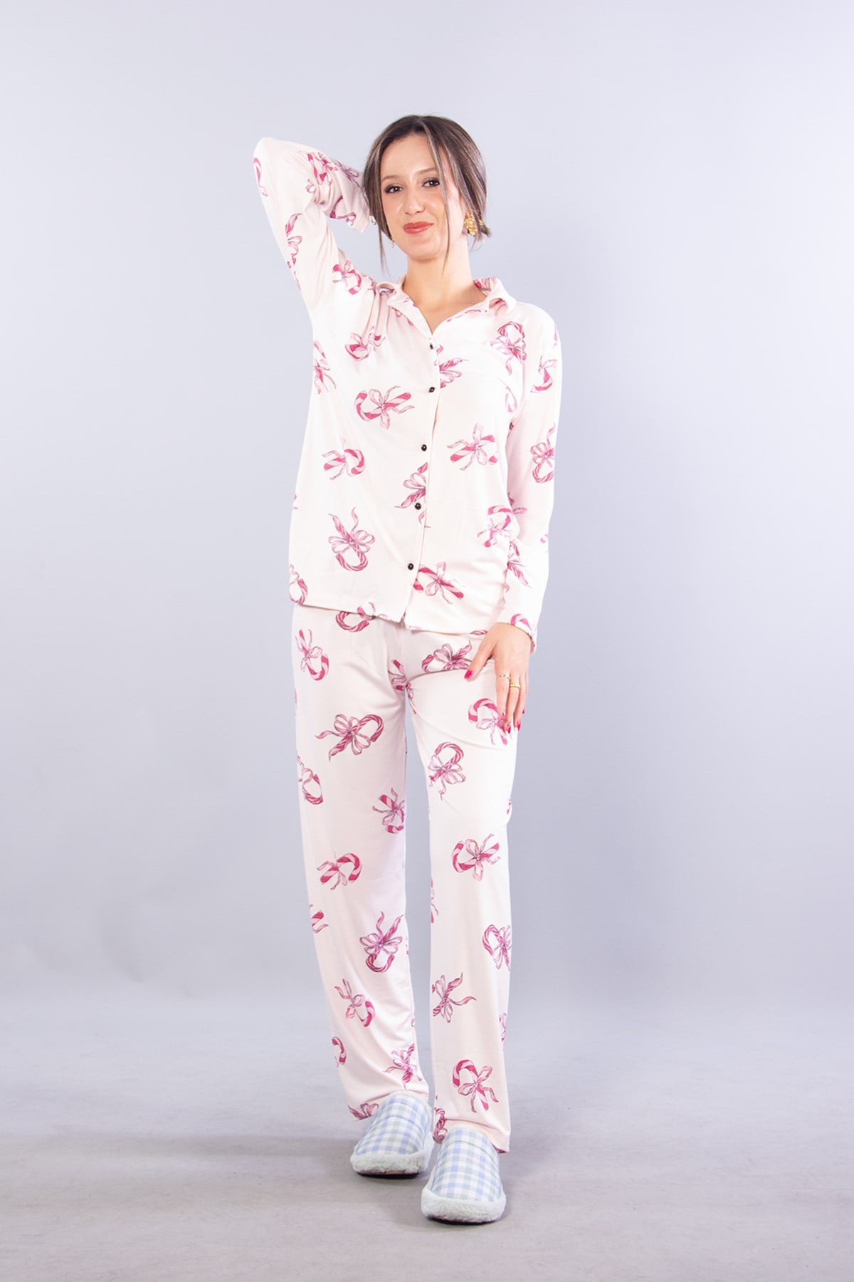 27022 Milan Soft Gömlek Yaka Şeker Kamış Desen Pijama Takımı