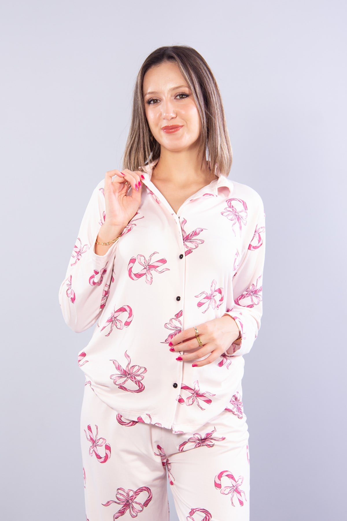 27022 Milan Soft Gömlek Yaka Şeker Kamış Desen Pijama Takımı