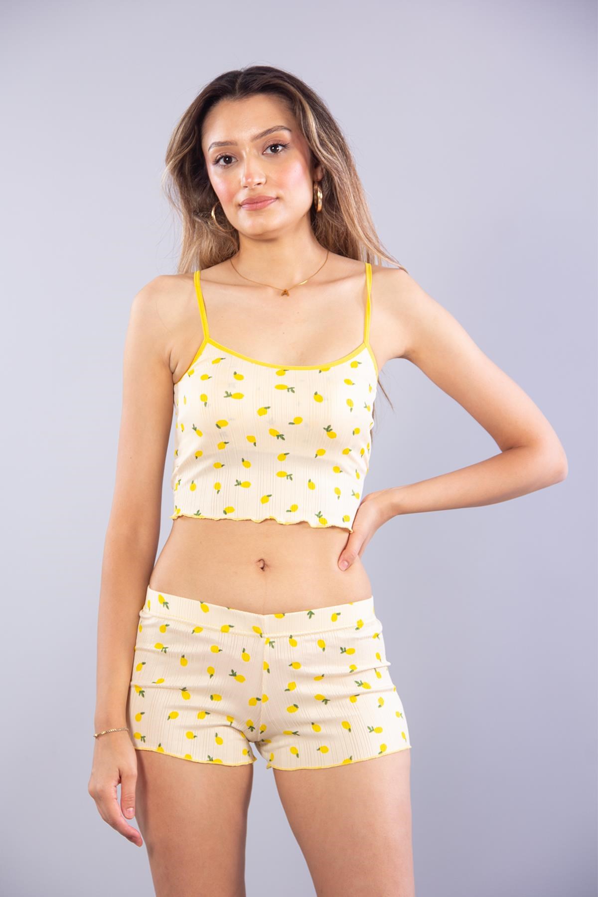 3432 Pegasus Limon Desen Petli Şortlu Takım