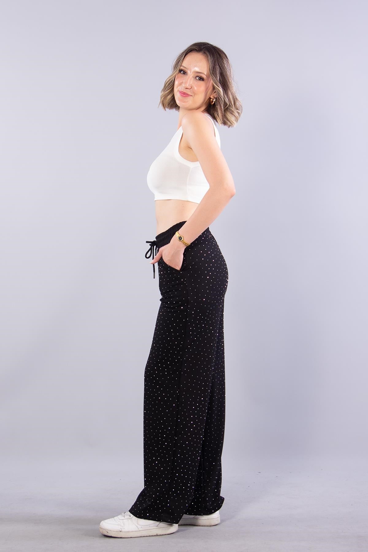 3718 Taşlı Beli Lastikli Pantolon