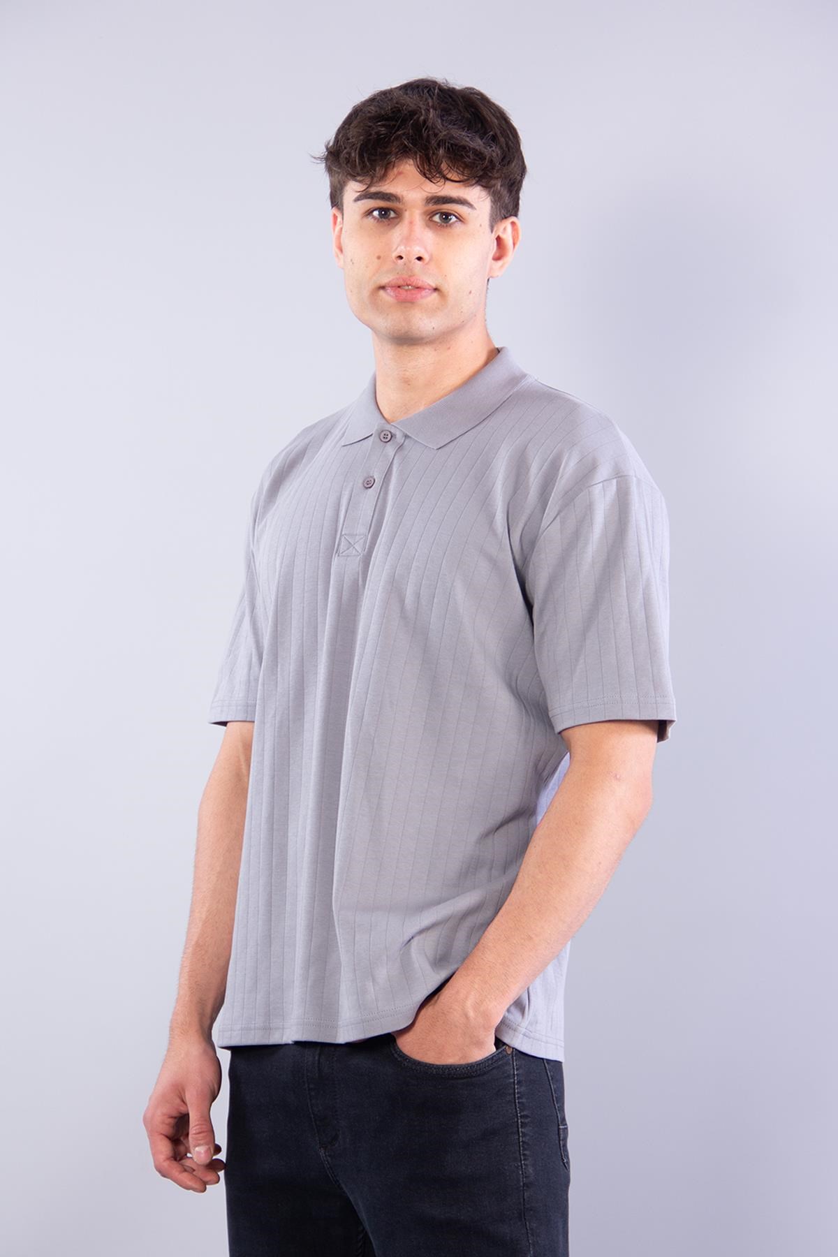 4051 Düğmeli Yakalı Kendinden Şeritli T-shirt