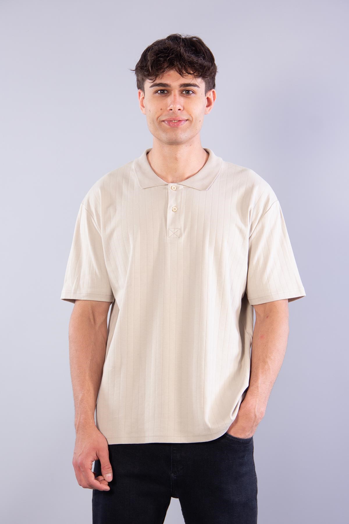 4051 Düğmeli Yakalı Kendinden Şeritli T-shirt