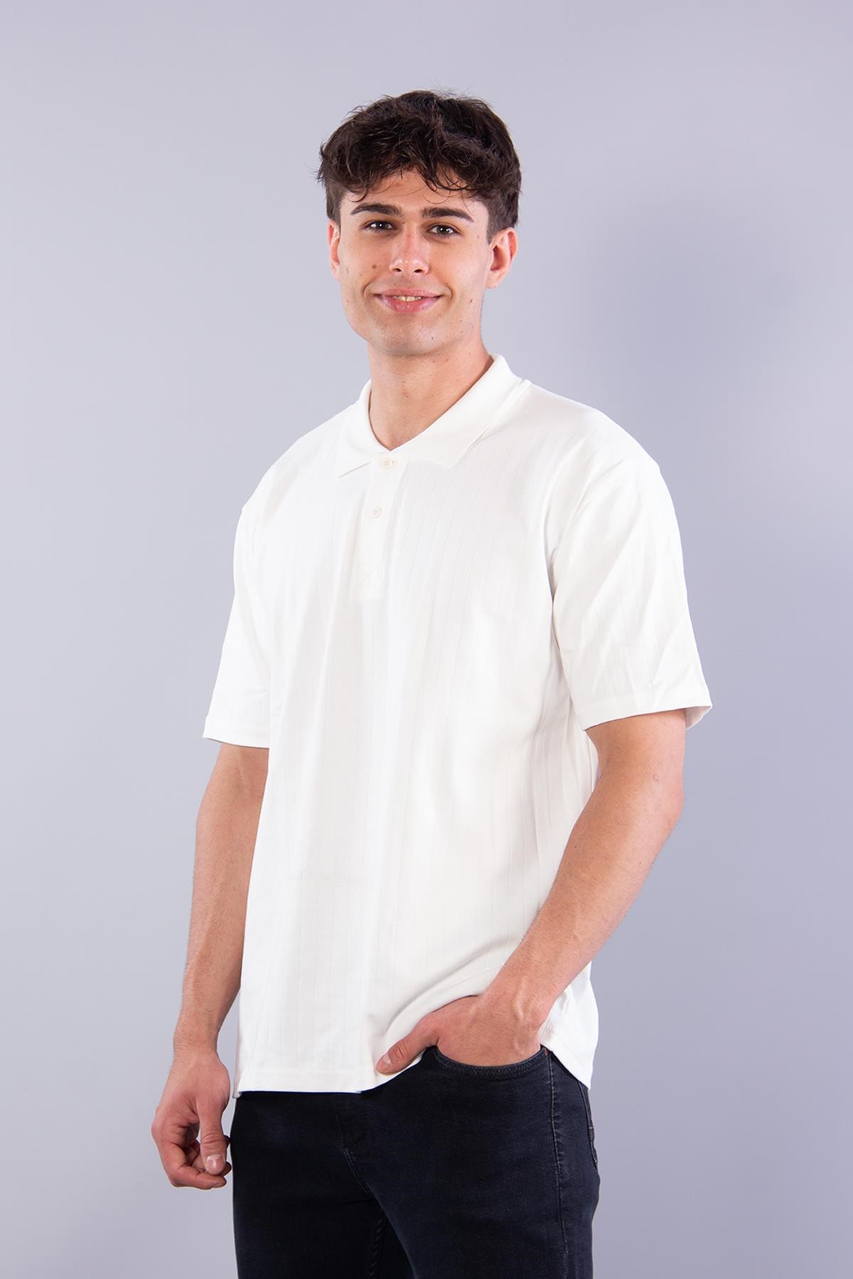 4051 Düğmeli Yakalı Kendinden Şeritli T-shirt