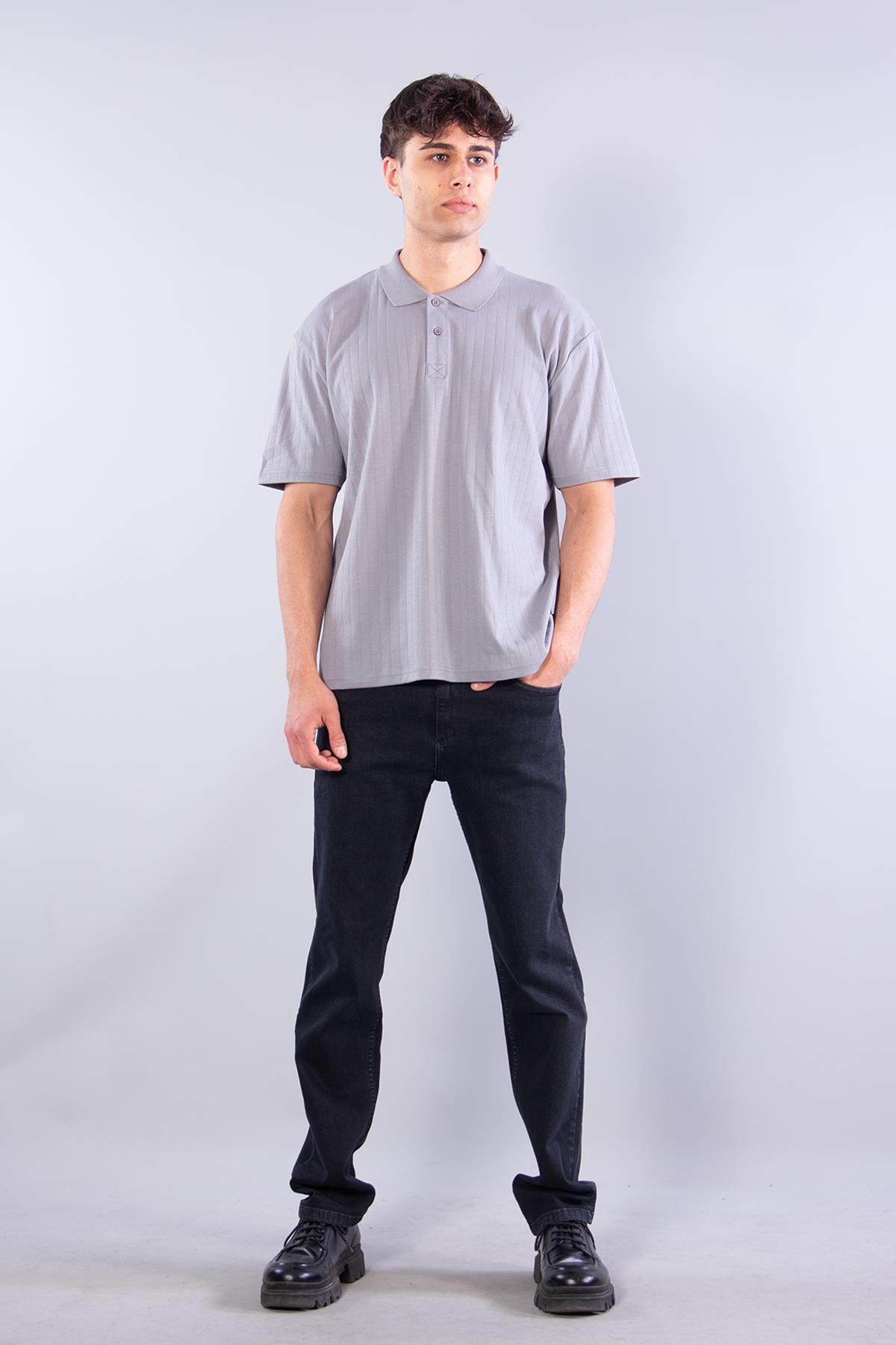 4051 Düğmeli Yakalı Kendinden Şeritli T-shirt