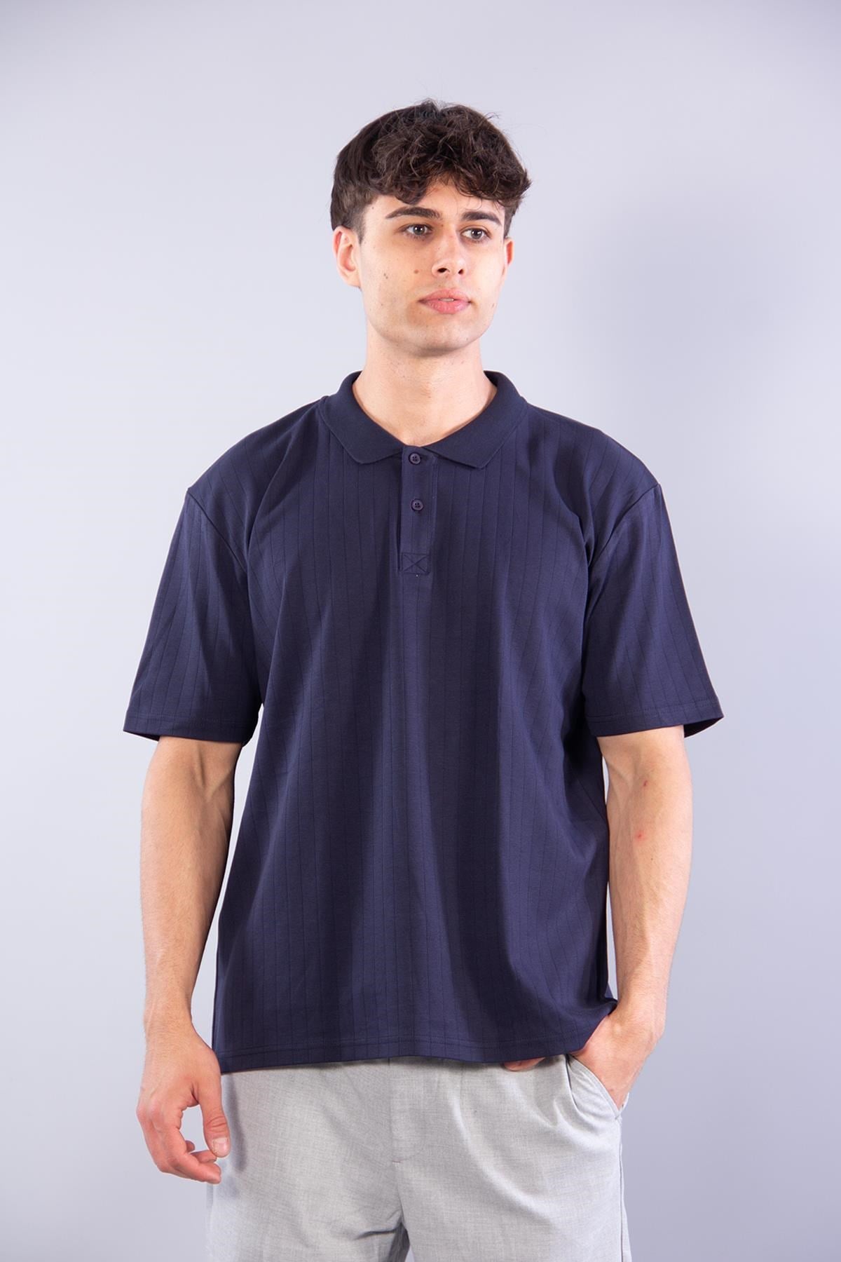 4051 Düğmeli Yakalı Kendinden Şeritli T-shirt