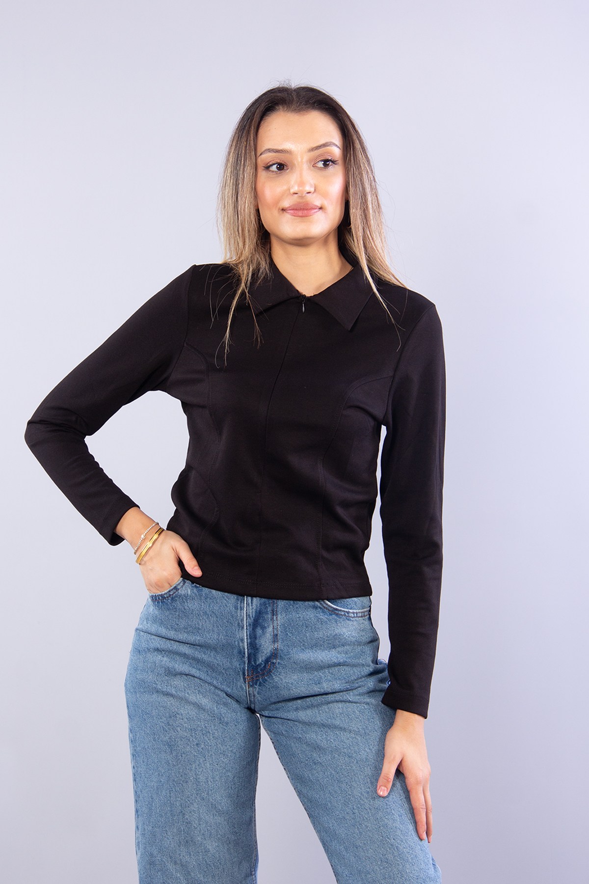 6643 (N-2294) Polo Yaka Fermuarlı Modal Sweat