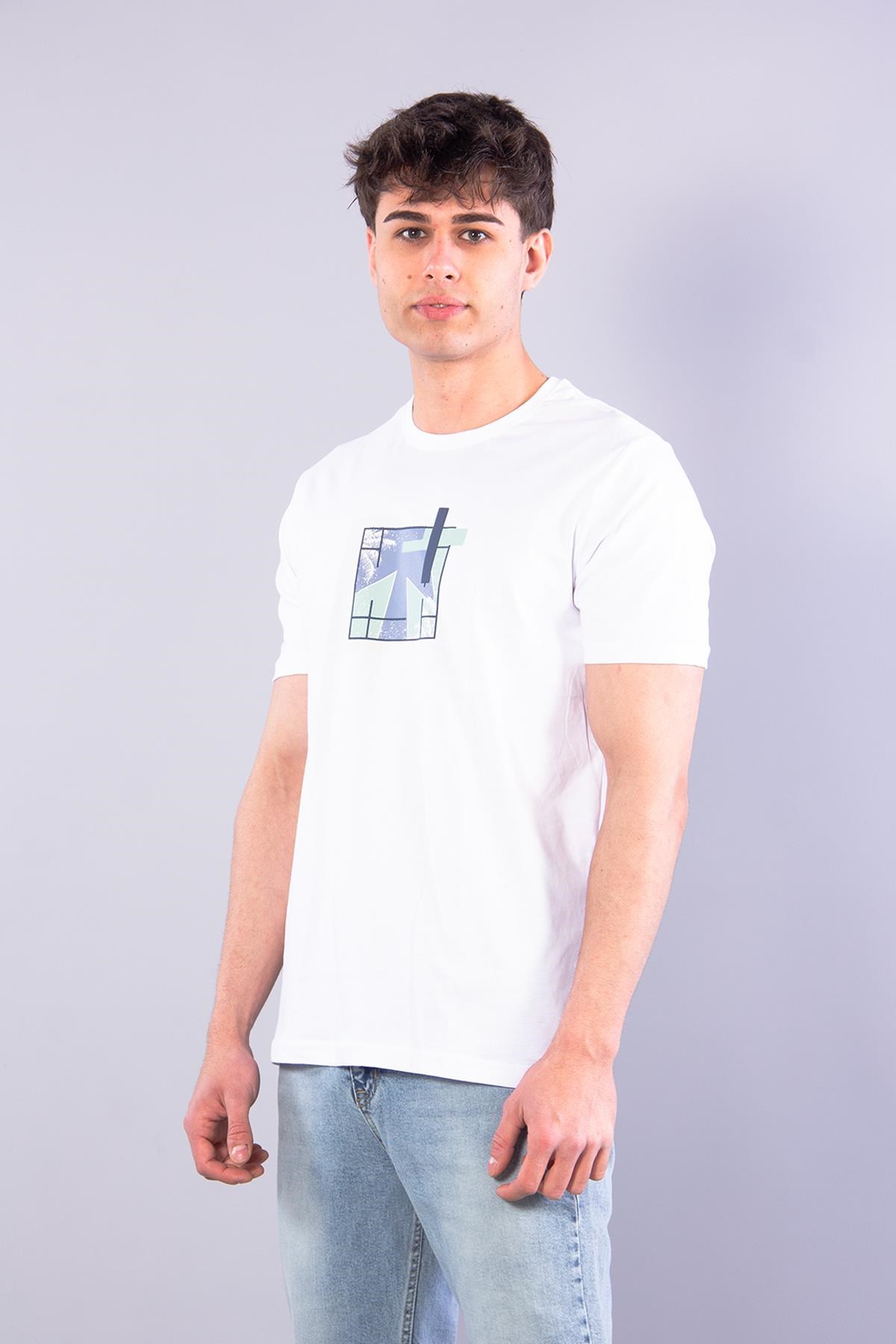 7401 Süprem Şekil Baskılı Bisiklet Yaka T-shirt