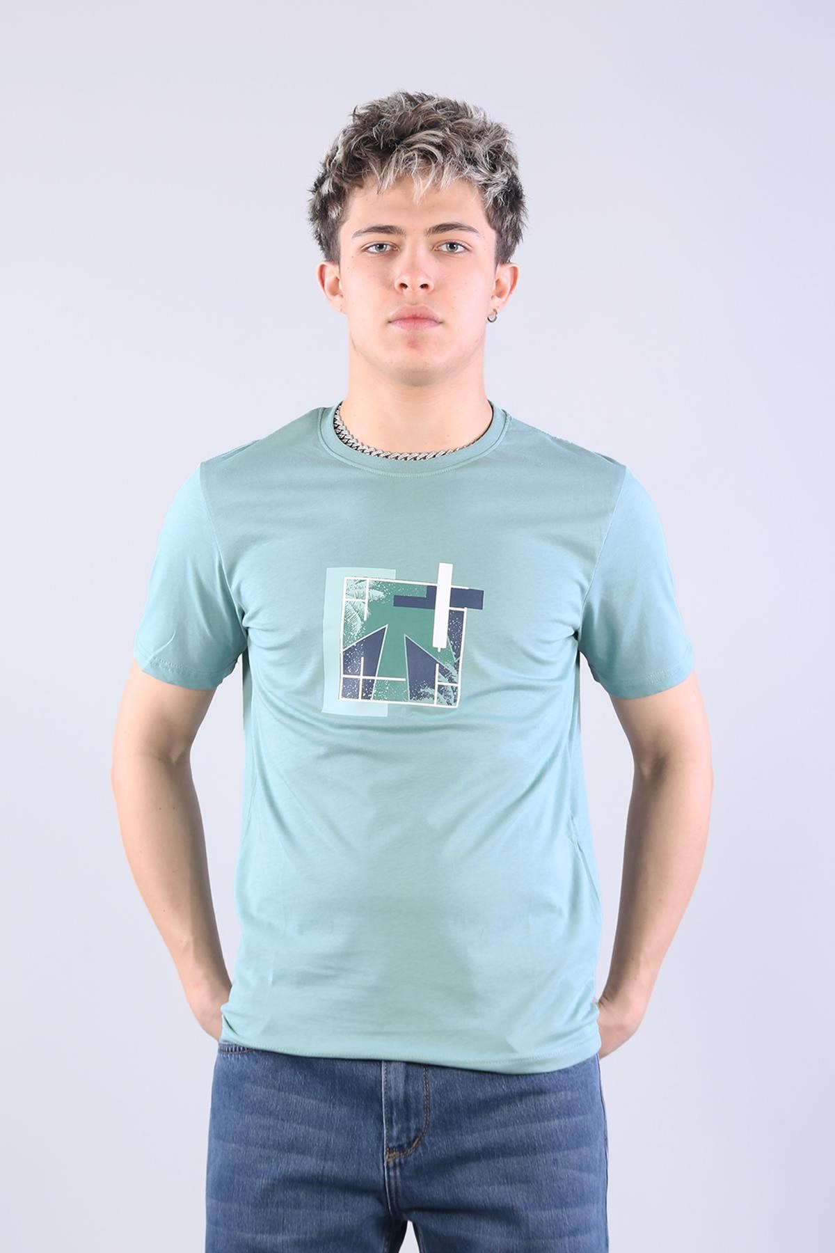 7401 Süprem Şekil Baskılı Bisiklet Yaka T-shirt