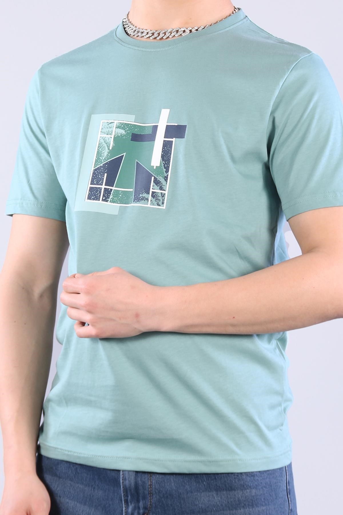 7401 Süprem Şekil Baskılı Bisiklet Yaka T-shirt