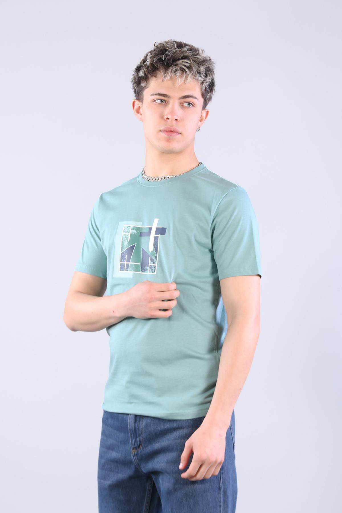 7401 Süprem Şekil Baskılı Bisiklet Yaka T-shirt