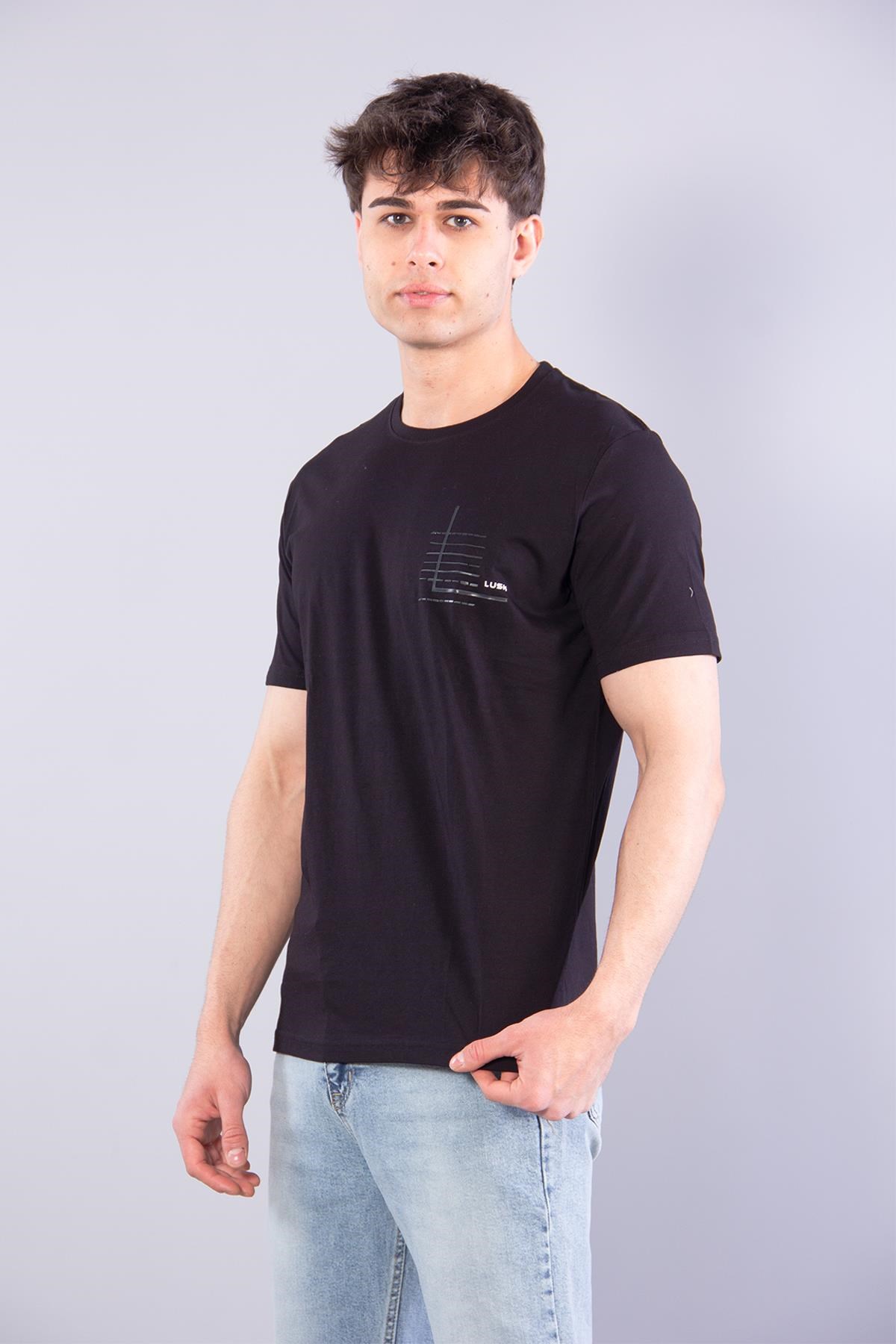 7410 Süprem Sol Göğsü Enjeksiyon Çizgi Baskılı Bisiklet Yaka T-shirt