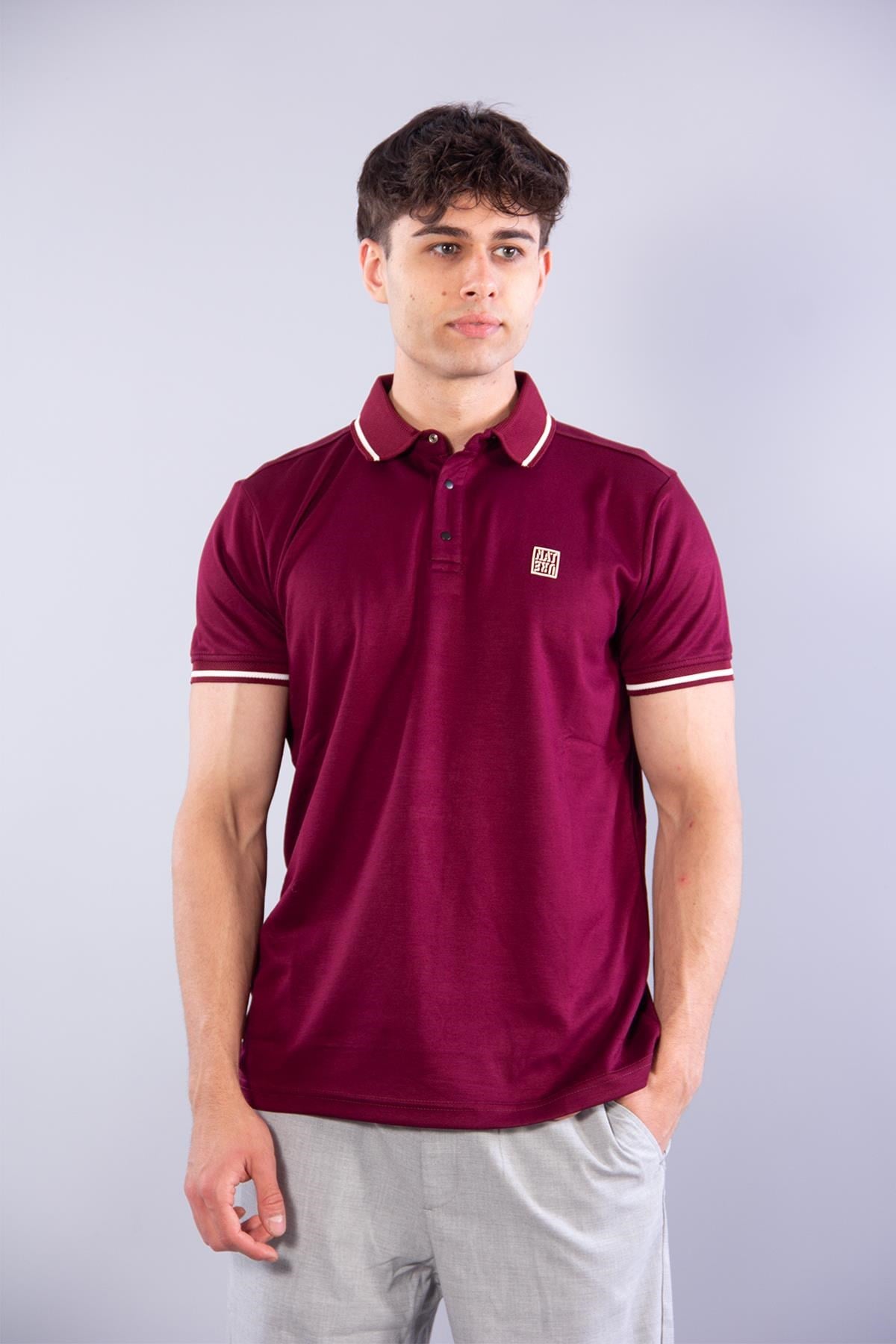 8261 Ayaklı Yaka Kol Ucu Çizgili Kısa Kol T-shirt