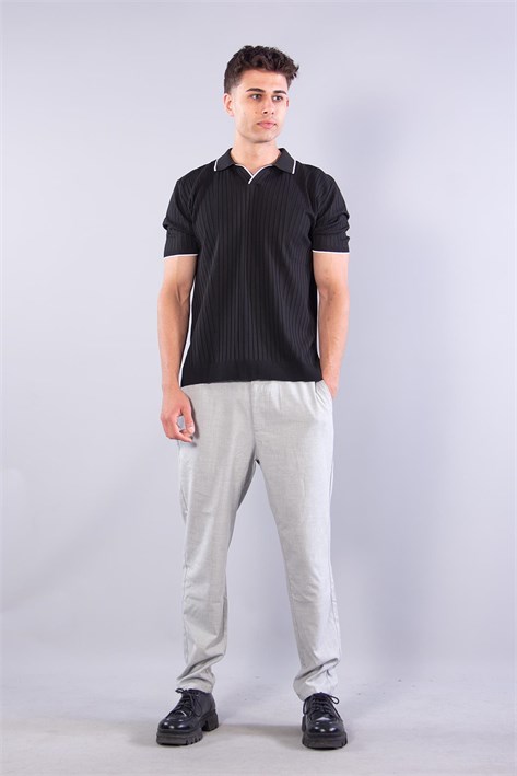 10020 Polo Yaka Kol Ve Yaka Çizgili Kendinden Şeritli T-shirt