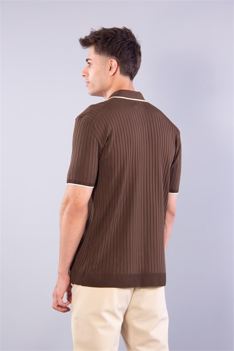 10020 Polo Yaka Kol Ve Yaka Çizgili Kendinden Şeritli T-shirt