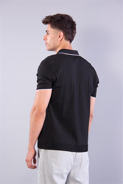 10020 Polo Yaka Kol Ve Yaka Çizgili Kendinden Şeritli T-shirt