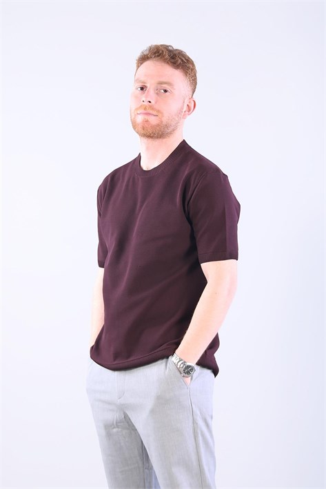 10023 Bisiklet Yaka Petek Örgü Triko T-shirt