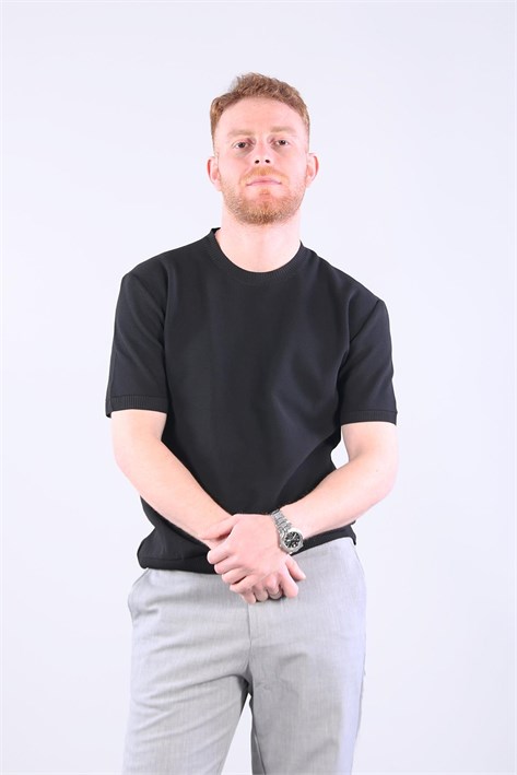 10023 Bisiklet Yaka Petek Örgü Triko T-shirt
