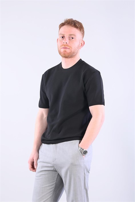 10023 Bisiklet Yaka Petek Örgü Triko T-shirt