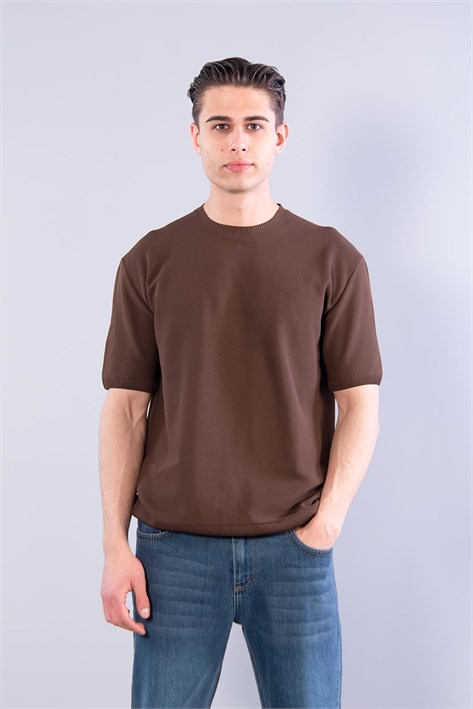 10023 Bisiklet Yaka Petek Örgü Triko T-shirt