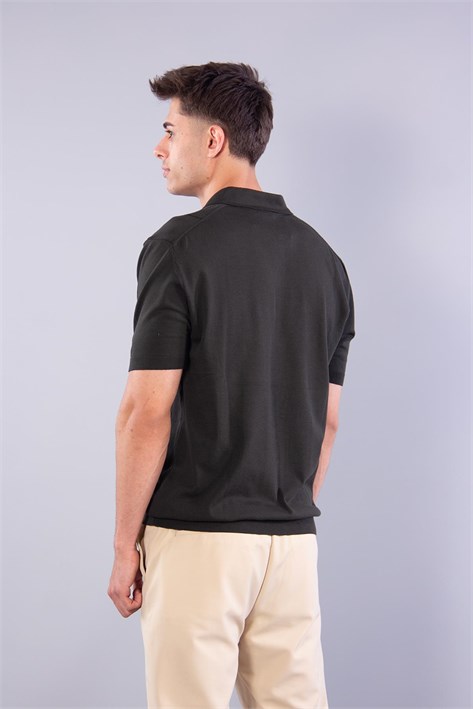 10026 Kendinden Şeritli Fermuarlı Yakalı Triko T-shirt