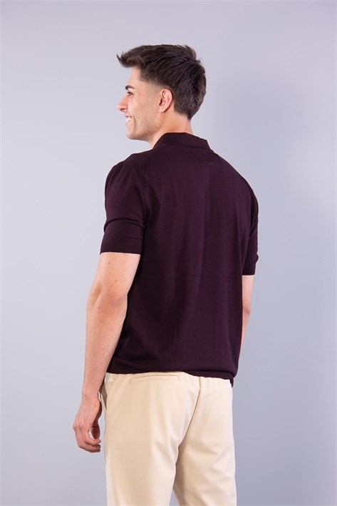 10026 Kendinden Şeritli Fermuarlı Yakalı Triko T-shirt