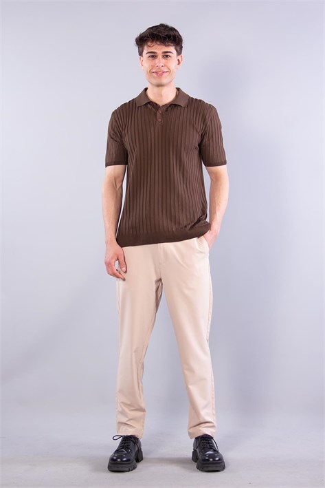 10028 Polo Yaka Düğmeli Fitilli Triko T-shirt