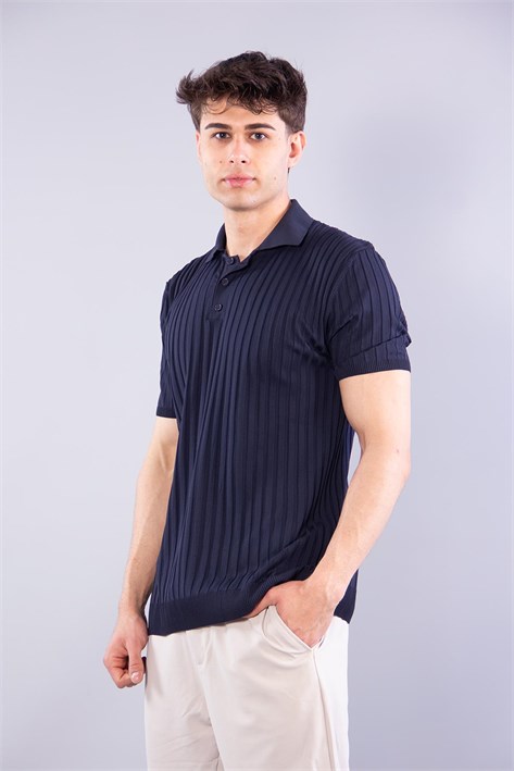 10028 Polo Yaka Düğmeli Fitilli Triko T-shirt