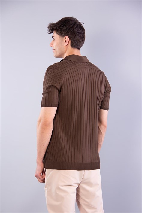 10028 Polo Yaka Düğmeli Fitilli Triko T-shirt