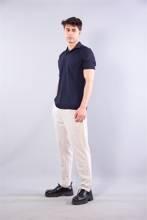 10028 Polo Yaka Düğmeli Fitilli Triko T-shirt