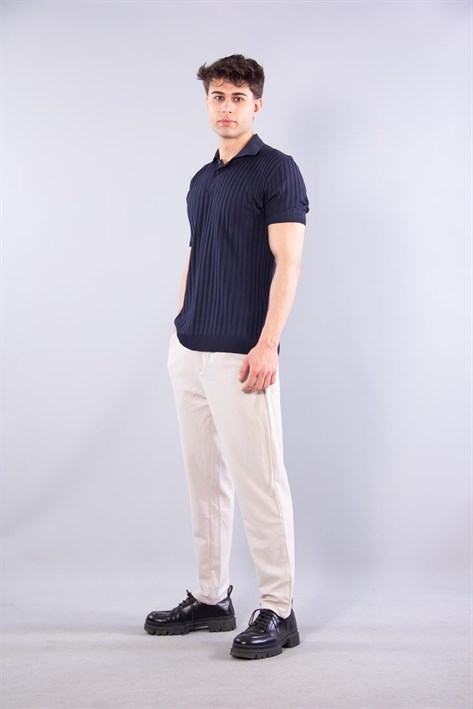 10028 Polo Yaka Düğmeli Fitilli Triko T-shirt