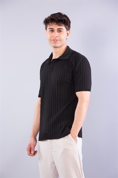 10028 Polo Yaka Düğmeli Fitilli Triko T-shirt