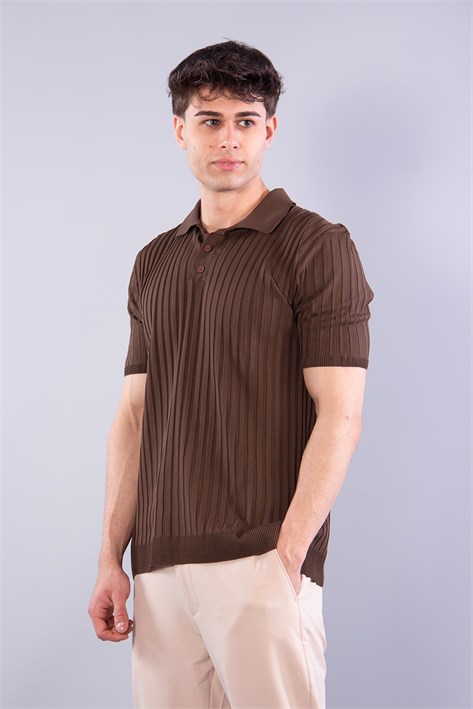 10028 Polo Yaka Düğmeli Fitilli Triko T-shirt