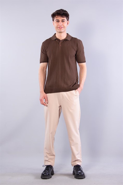 10028 Polo Yaka Düğmeli Fitilli Triko T-shirt