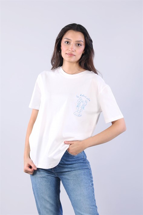 10576 La Dolce Vita Istakoz Baskılı O Yaka T-shirt