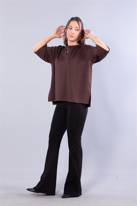 11066 Yanları Yırtmaçlı Modal Kumaş Salaş O Yaka T-shirt