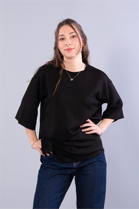 11066 Yanları Yırtmaçlı Modal Kumaş Salaş O Yaka T-shirt