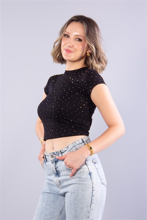 11445 Taşlı Kısa O Yaka Bluz