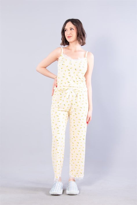Pijama Takımımckanzie13923 Milan İp Askılı Uzun Alt Limon Baskılı Pijama Takımıkadınerkek