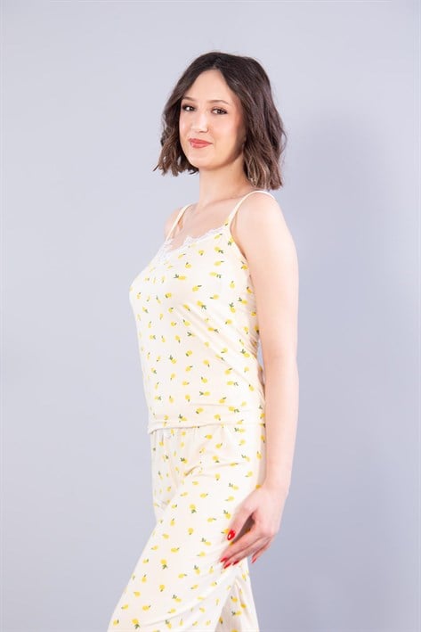 13923 Milan İp Askılı Uzun Alt Limon Baskılı Pijama Takımı