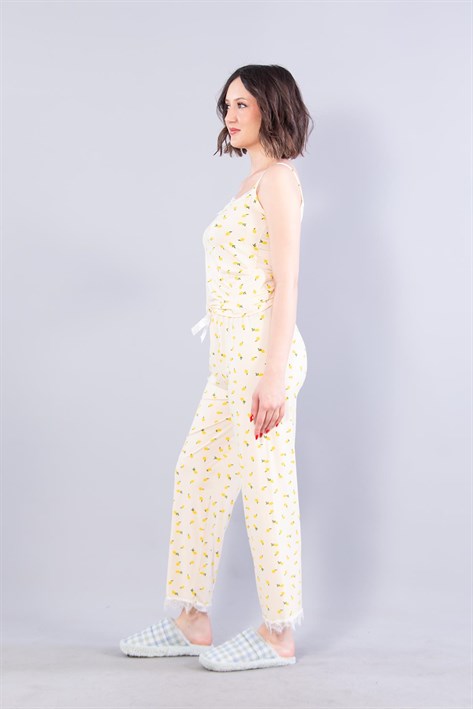 13923 Milan İp Askılı Uzun Alt Limon Baskılı Pijama Takımı
