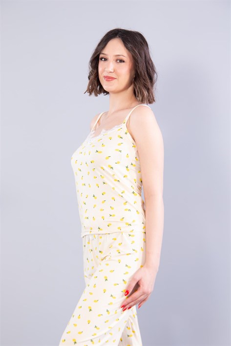 13923 Milan İp Askılı Uzun Alt Limon Baskılı Pijama Takımı