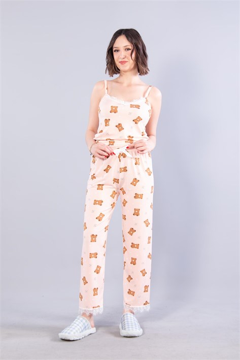 13924 Milan İp Askılı Uzun Alt Ayıcık Baskılı Pijama Takımı
