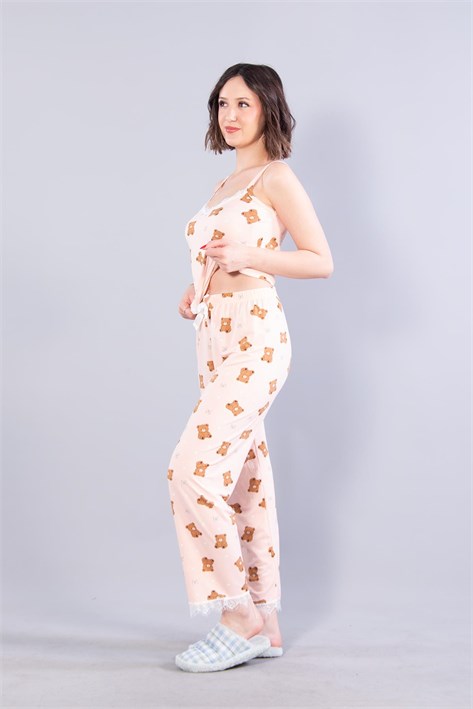 13924 Milan İp Askılı Uzun Alt Ayıcık Baskılı Pijama Takımı